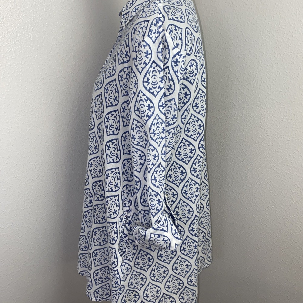 Liza Byrd Tunic Top Women's Small‎ Blue & White Damask Print Beachy Nautical - Picture 3 of 13